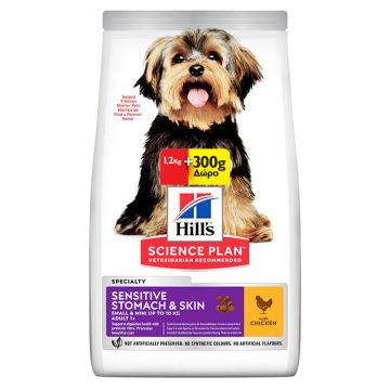 Hill's Science Plan Adult Sensitive Stomach & Skin Small & Mini Κοτόπουλο 1.2Kg+300G Δώρο