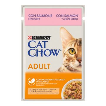 Cat Chow Adult Με Σολομό & Πράσινα Φασολάκια Σε Ζελέ 85G