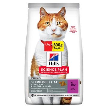 Hill's Science Plan Young Adult Sterilised Με Πάπια 1.2Kg+300G Δώρο