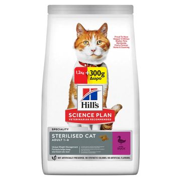 Hill's Science Plan Adult Sterilised Cat Με Πάπια 1.2Kg +300G Δώρο