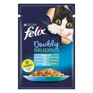 Felix Doubly Delicious Με Σαρδέλα & Σολομό Σε Ζελέ 85G
